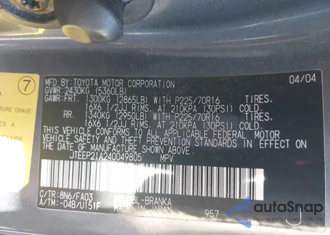 2004 Toyota Highlander V6 from USA, damaged, VIN JTEEP21A240049805